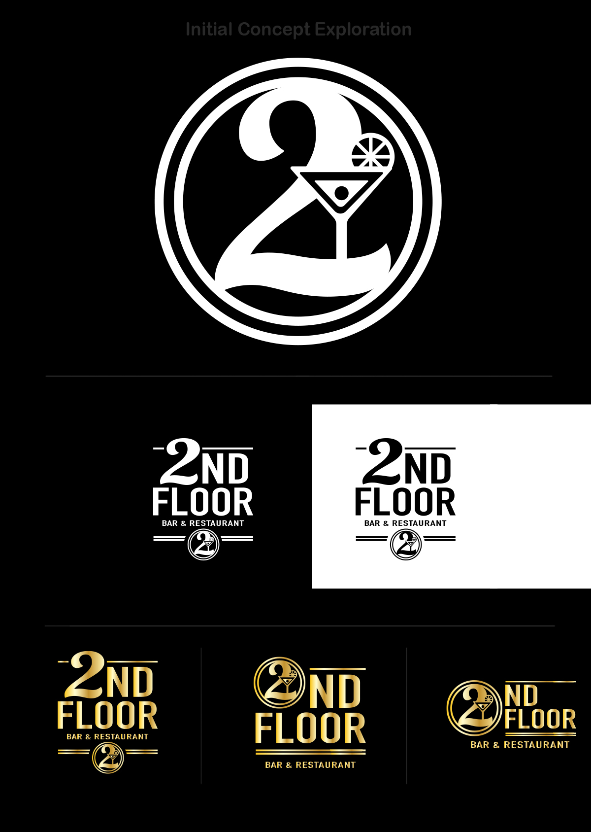 2nd Floor initial concept exploration showing the circular 2 and martini glass emblem alongside early logo lockup directions
